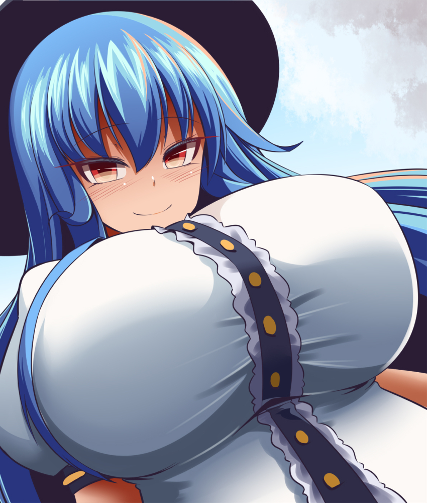 alternate_breast_size_(larger) breasts gero_zoukin hat highres hinanawi_tenshi large_breasts simple_background solo touhou white_background