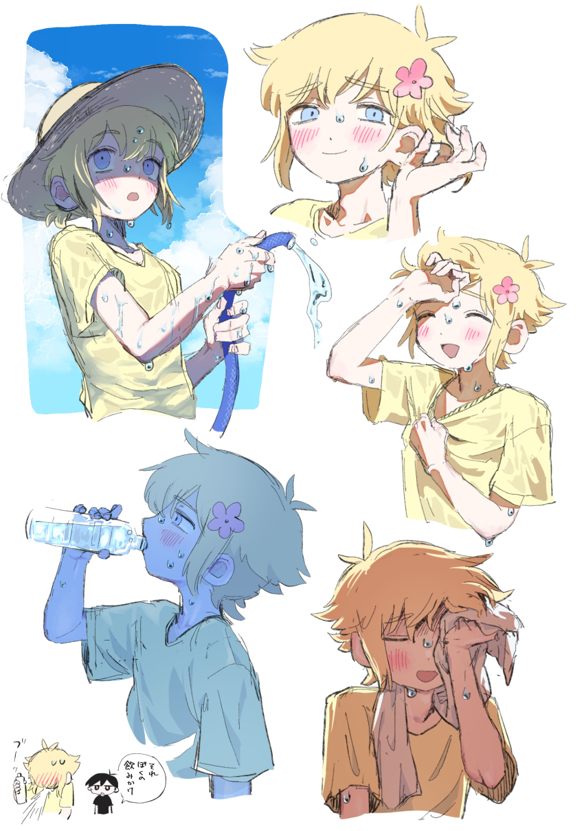 2boys alternate_costume antenna_hair arm_up basil_(faraway)_(omori) basil_(omori) blonde_hair blue_eyes blush bottle closed_mouth drying flower hair_flower hair_ornament hat highres holding holding_bottle holding_hose hose male_focus miranosub multiple_boys omori open_mouth short_hair smile speech_bubble sun_hat sunny_(omori) towel translated water water_bottle