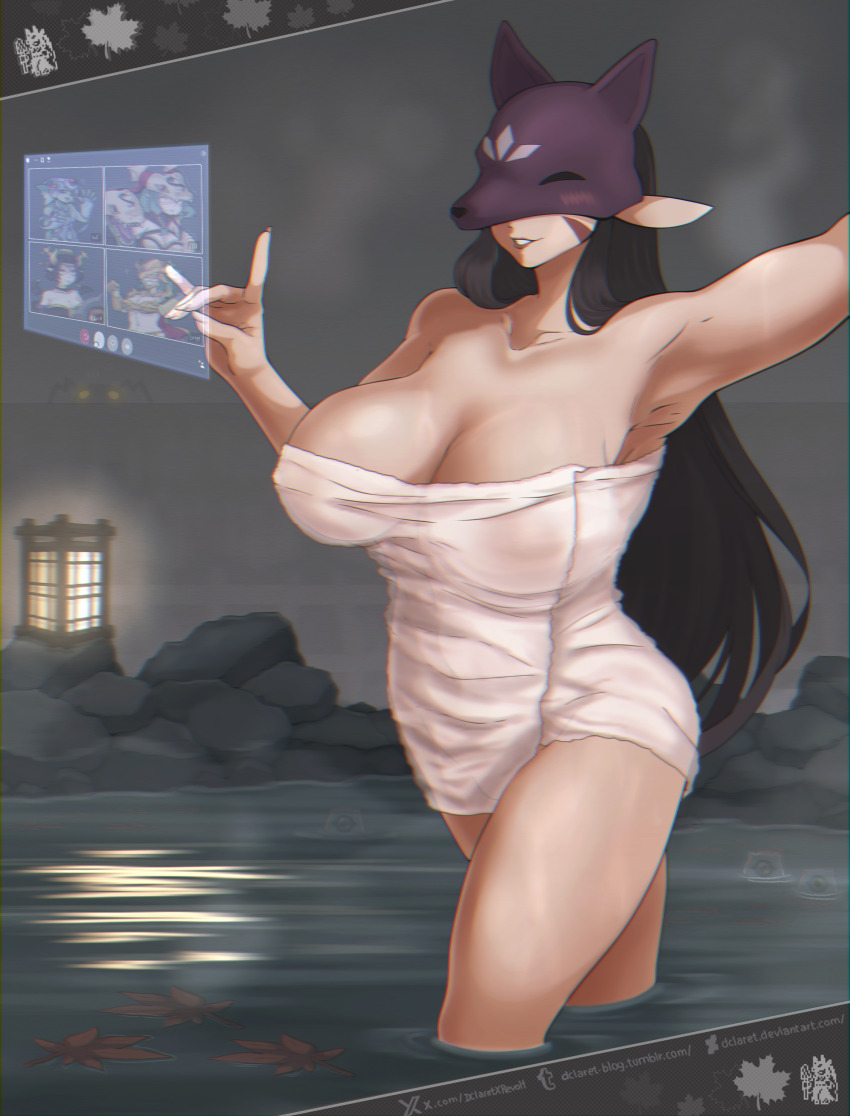 1girl absurdres arm_up artist_name bare_shoulders black_hair breasts collarbone dclaret deviantart_username digimon digimon_(creature) facial_mark female_focus fox_mask highres kuzuhamon_miko_mode large_breasts lipstick long_hair makeup mask partially_submerged pointy_ears shiny_skin steam tagme thick_thighs thighs towel_over_breasts tumblr_username variant_set water
