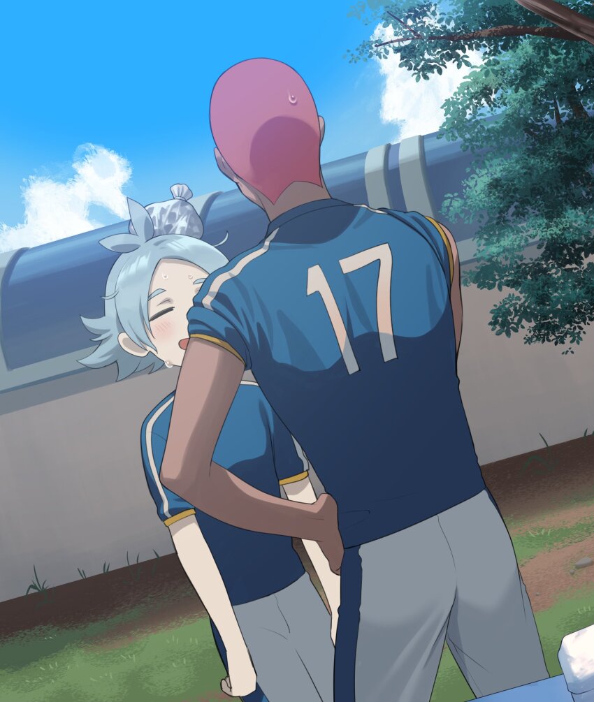 2boys absurdres bag blue_shirt blue_sky blush closed_eyes cloud dolustoy fubuki_shirou grey_hair highres inazuma_eleven_(series) inazuma_japan male_focus multiple_boys open_mouth pink_hair plastic_bag shirt shorts sky soccer_uniform someoka_ryuugo sportswear sweat tree white_shorts