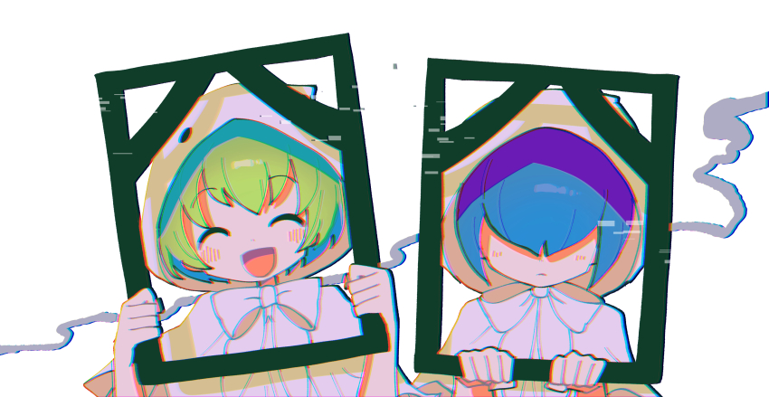 1boy 1girl absurdres blue_hair blush chromatic_aberration closed_eyes green_hair hair_over_eyes highres offbeat open_mouth puyopuyo puyopuyo_20th_anniversary rei_(puyopuyo) short_hair short_sleeves siblings smile smoke smoke_trail yu_(puyopuyo)