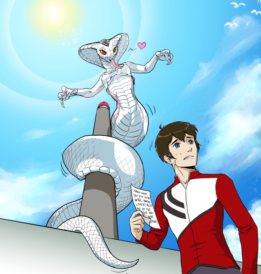 1boy 1girl alien bottomless breasts cobra_(animal) colored_sclera colored_skin commentary confession crop_top crop_top_overhang day english_commentary english_text facial_scar fingernails forked_tongue heart heart-shaped_pupils hetero highres holding holding_paper lamia long_tongue medium_breasts monster_girl no_bra paper red_eyes rooftop scales scar scar_on_cheek scar_on_face sharp_fingernails symbol-shaped_pupils tank_top tongue tony_kuusisto underboob viper_(xcom_2) white_skin x-com xcom_2 yellow_sclera you_gonna_get_raped