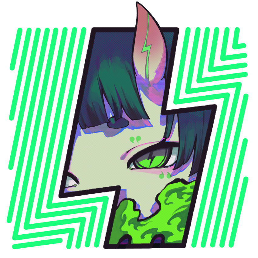 1girl blunt_bangs border close-up eye_focus female_focus green_eyes green_hair highres horns japanese_mythology kuroron_(kuro_ron) lightning_bolt-shaped_pupils lightning_bolt_symbol looking_at_viewer outside_border raijin_(mythology) sidelocks skin-covered_horns smoke solo symbol-shaped_pupils white_border