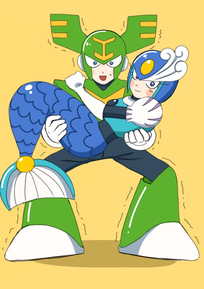 1boy 1girl armor blue_armor blue_eyes blue_helmet carrying full_body green_armor green_eyes green_helmet helmet highres kintama0210 looking_at_viewer mega_man_(classic) mega_man_(series) mega_man_9 mermaid monster_girl princess_carry simple_background splash_woman tornado_man yellow_background