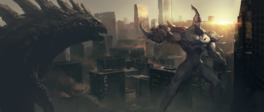 absurdres building chest_jewel city cityscape dogoran_the_mad_flame_kaiju duel_monster elemental_hero_neos forehead_jewel giant giant_monster highres kaiju leo-dont-want-to-be-a-painter muscular muscular_male scenery sky skyline skyscraper spines yu-gi-oh! yu-gi-oh!_gx