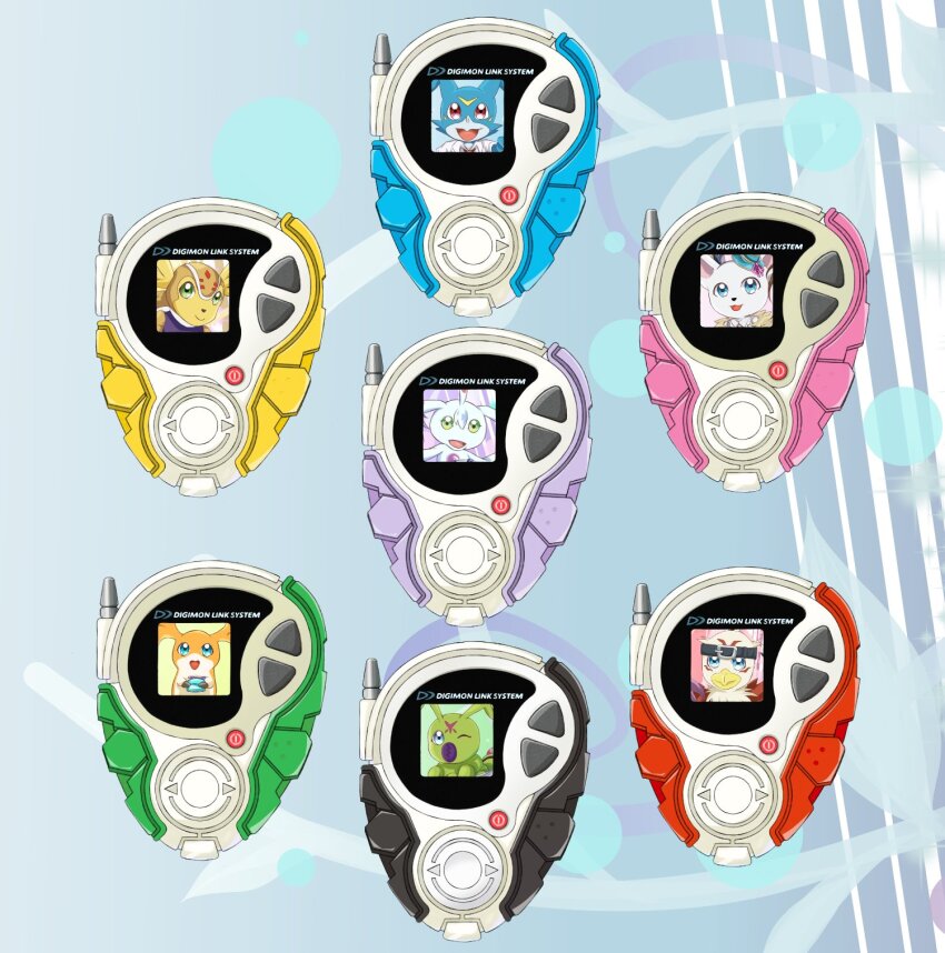 armadillo armadimon bird bug cat digimon digimon_(creature) digimon_adventure_02 digimon_adventure_02:_the_beginning digivice hawkmon highres looking_at_viewer one_eye_closed patamon tailmon ukkomon v-mon wings wink wormmon