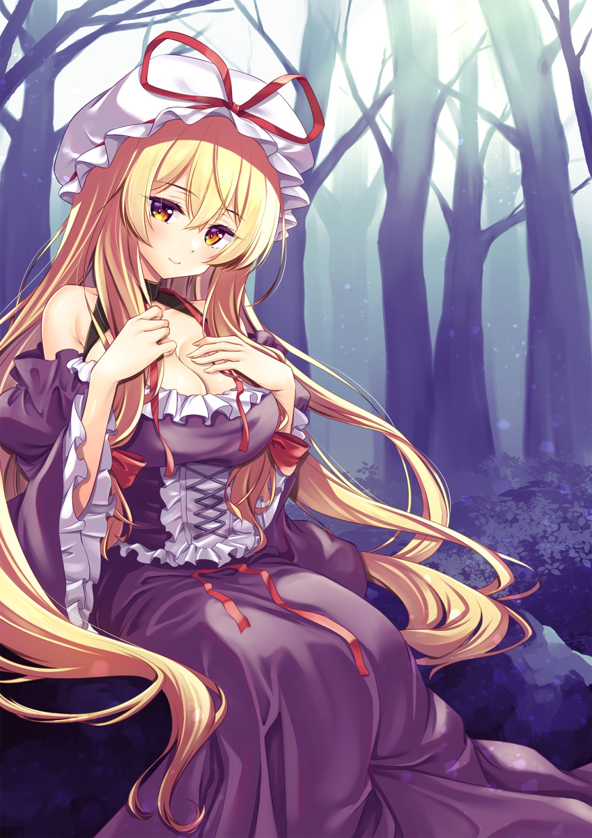 1girl blonde_hair blush closed_mouth collarbone dress frilled_sleeves frills hair_between_eyes hat hat_ribbon highres long_hair long_sleeves mob_cap murasaki_atsushi purple_dress red_ribbon ribbon smile solo touhou tree white_hat wide_sleeves yakumo_yukari yellow_eyes