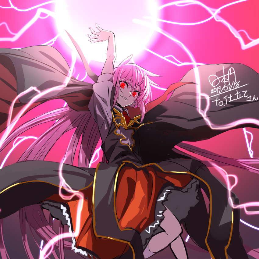 1girl black_dress commission dated dress electricity energy from_above highres hinomoto_madoka kurusu_miki lightning little_princess_(alicesoft) little_princess_miki long_hair looking_at_viewer orb pink_background pink_hair rance_(series) red_eyes short_sleeves signature skeb_commission smile solo very_long_hair