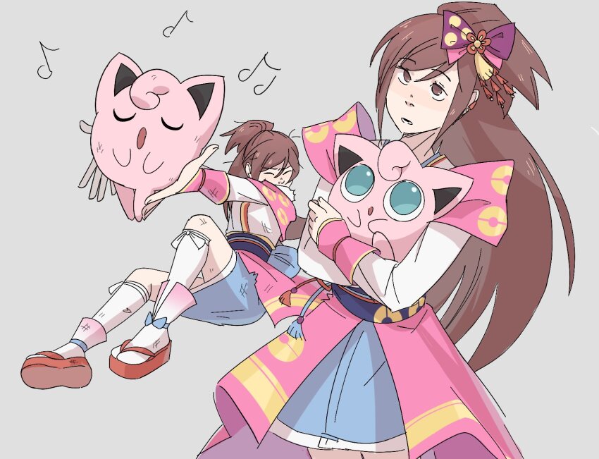 blue_eyes brown_eyes brown_hair closed_eyes creatures_(company) game_freak gen_1_pokemon hair_ribbon highres holding holding_pokemon japanese_clothes jigglypuff kimono legs long_hair lying music musical_note nintendo obi oichi oichi_(pokemon_conquest) oichi_(sengoku_musou) on_back open_mouth platform_footwear poke_ball_print pokemon pokemon_(creature) pokemon_conquest ponytail random_minty ribbon sandals sash sengoku_musou singing skirt tabi