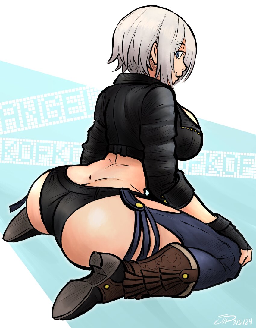 1girl :3 absurdres angel_(kof) artist_name ass ass_focus back backless_pants black_jacket black_panties blue_background blue_eyes blue_pants boots breasts brown_boots butt_crack chaps character_name closed_mouth copyright_name cowboy_boots crop_top cropped_jacket dated eyebrows eyelashes female_focus from_behind from_side full_body hand_on_own_knee highres huge_ass jacket large_breasts leaning_forward leather leather_jacket looking_at_viewer looking_back looking_to_the_side panties pants profile revealing_clothes short_hair short_sleeves sidelocks simple_background sitting smug snk solo the_king_of_fighters the_king_of_fighters_xiv thighs two-tone_background underwear videajames wariza white_background white_hair