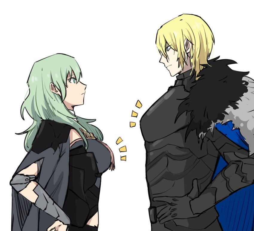 armor black_armor blonde_hair blue_eyes breasts cloak dimitri_alexandre_blaiddyd dimitri_alexandre_blaiddyd_(timeskip) female_byleth_(enlightened)_(fire_emblem) female_byleth_(fire_emblem) fire_emblem fire_emblem:_three_houses fur_cloak gloves green_eyes green_hair highres large_breasts meme merylemons messy_hair nintendo