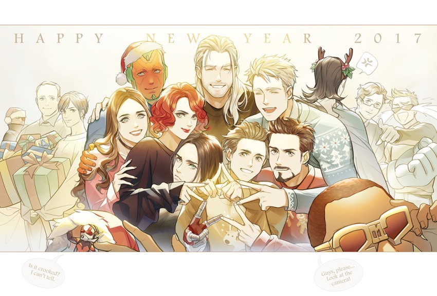 2017 adjusting_goggles android anger_vein animification ant-man avengers:_age_of_ultron avengers_(series) beard black_hair black_widow blonde_hair brown_eyes brown_hair bruce_banner captain_america:_civil_war captain_america_(series) captain_america_civil_war carrying clint_barton closed_eyes dark-skinned_male dark_skin english_text facial_hair fingerless_gloves frown gift ginmu glasses gloves goggles green_eyes grin happy_new_year hat hawkeye_(marvel) helmet holding hood bucky_barnes lipstick loki_(marvel) long_hair long_sleeves makeup maria_hill marvel marvel_cinematic_universe mechanical_arms mini_person miniboy mistletoe natasha_romanoff new_year open_mouth peter_parker phil_coulson pointing red_lips santa_hat scarlet_witch semi-rimless_eyewear single_mechanical_arm sleeves_past_wrists smile spider-man_(series) spoken_anger_vein star_hands steve_rogers sunglasses sweater the_falcon thor_(marvel) tony_stark under-rim_eyewear vision_(marvel) wanda_maximoff wavy_hair winter_soldier