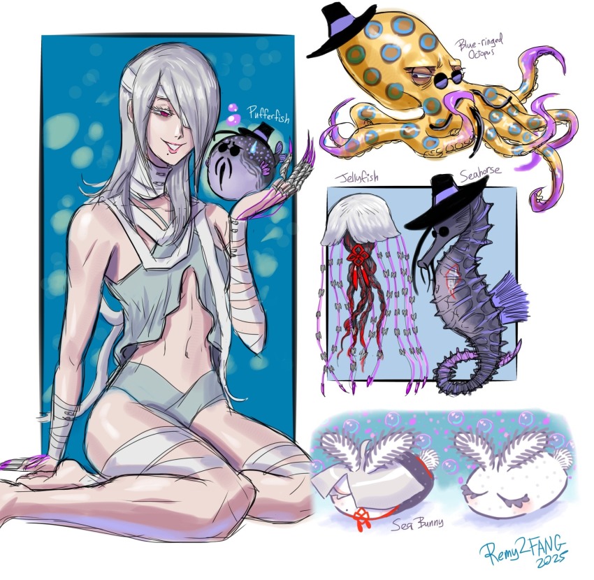 a.k.i._(street_fighter) animalization bandage_over_one_eye bandaged_arm bandaged_leg bandaged_neck bandages bikini claw_(weapon) claw_ring f.a.n.g fish grey_bikini grey_hair hair_over_one_eye highres jellyfish octopus official_alternate_costume official_alternate_hairstyle pale_skin puffer_fish red_eyes remy2fang sea_bunny seahorse street_fighter street_fighter_6 swimsuit tentacles weapon