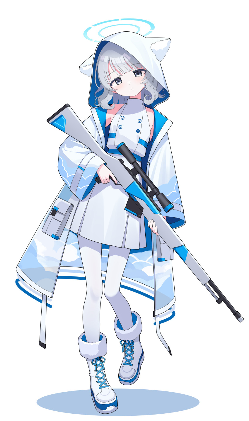 1girl absurdres adda animal_hood belt blue_belt blue_halo boots coat commentary_request dress full_body gun halo highres holding holding_gun holding_weapon hood hood_up hooded_coat long_sleeves looking_at_viewer original rifle scope simple_background sleeveless sleeveless_dress sniper_rifle solo standing weapon white_background white_boots white_coat wide_sleeves