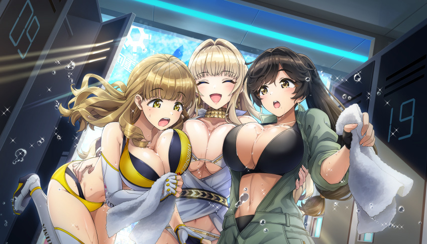 3girls :o ^_^ ayato_utae bikini black_bikini black_hair blonde_hair breasts cleavage closed_eyes copyright_notice dolphin_wave elbow_gloves facing_viewer fingerless_gloves game_cg gloves hair_intakes highres holding holding_towel kirahoshi_kanna kirishima_uniform kneehighs large_breasts layered_bikini leg_up locker locker_room long_hair multiple_girls non-web_source official_alternate_costume official_art ootomo_takuji open_jumpsuit ponytail single_elbow_glove single_kneehigh single_sock socks swimsuit towel wavy_hair white_bikini yamaba_yume yellow_eyes