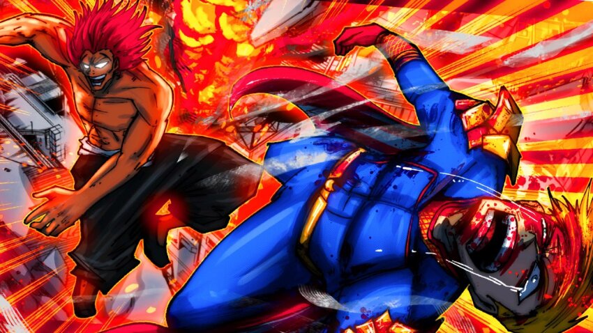 2boys abs battle black_pants blonde_hair blood blood_on_face blue_bodysuit blue_eyes bodysuit building cape commentary crossover crying debris eagle_head_(ornament) english_commentary floating gloves glowing glowing_eyes grappler_baki hanma_yujiro homelander injury male_focus medium_hair motion_lines multiple_boys muscular muscular_male nose open_mouth outdoors pants pectorals red_gloves red_hair spiked_hair superhero_costume teeth the_boys tongue tylearn white_eyes