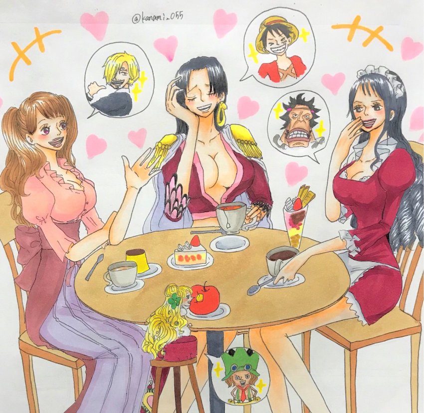 4boys 4girls baby_5 boa_hancock breasts charlotte_pudding cleavage leo_(one_piece) long_hair mansherry_(one_piece) monkey_d._luffy multiple_boys multiple_girls one_piece sai_(one_piece) sanji_(one_piece) smile