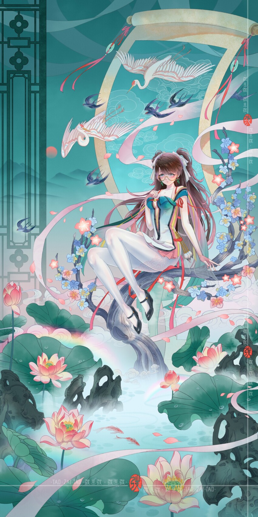 1girl absurdres artist_logo artist_name bird black_bird black_shoes blue_flower bodystocking branch breasts brown_hair calligraphy_brush chinese_commentary cloud commentary covered_collarbone crane_(animal) dress earrings elbow_gloves fingerless_gloves fish flower from_side full_body glasses gloves gradient_clothes gradient_dress gradient_eyes gradient_gloves green_background green_eyes hair_ribbon hand_on_own_chest high_heels highres jade_(gemstone) jewelry knees_up koi logo long_hair looking_at_viewer looking_to_the_side lotus lotus_leaf lotus_pod mary_janes mountainous_horizon multicolored_eyes paintbrush pantyhose pink_eyes pink_flower pink_gloves plantar_flexion pond print_pantyhose rainbow red_flower ribbon rock scroll semi-rimless_eyewear shoes short_dress sideways_glance sitting sitting_on_branch small_breasts solo sun swallow_(bird) taozaitao two_side_up water_drop watermark wedge_heels white_bird white_pantyhose white_ribbon wuthering_waves yellow-framed_eyewear zhezhi_(wuthering_waves)