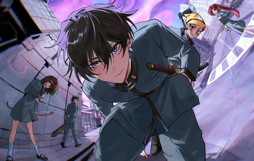 2girls 3boys absurdres axe beanie black_hair blurry blurry_background bow bow_(weapon) brown_hair facial_mark feet_out_of_frame fsmaichobpeg0 full_body grey_jacket grey_pants grey_skirt hair_between_eyes hair_bow hand_in_pocket hashtag-only_commentary hat highres holding holding_axe holding_bow_(weapon) holding_sword holding_weapon inaba_masao jacket kirishima_eriko kneeling leaning_to_the_side long_hair looking_at_viewer looking_back medium_hair miniskirt multiple_boys multiple_girls nanjou_kei outdoors pants persona persona_1 ponytail purple_sky red_bow road school_uniform sheath sheathed short_hair skirt sky sonomura_maki st._hermelin_school_uniform street sword toudou_naoya watch weapon wristwatch