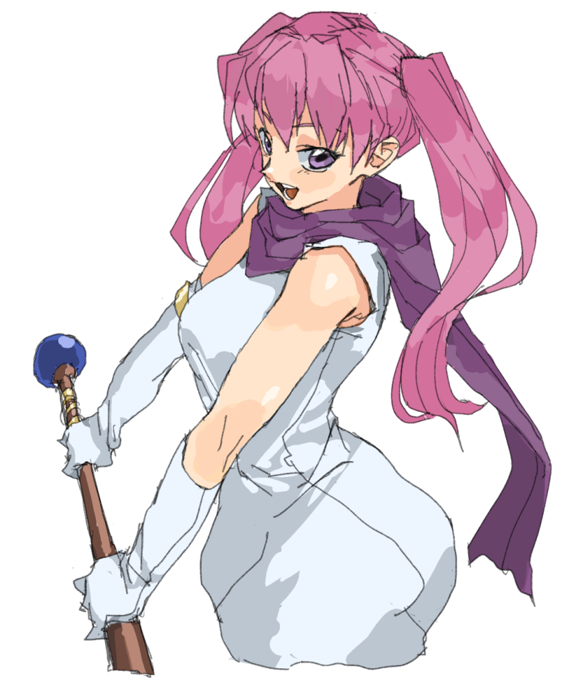 1girl cowboy_shot cropped_legs dress elbow_gloves fire_emblem fire_emblem:_the_blazing_blade gloves highres holding holding_staff long_hair looking_at_viewer mage_staff nintendo open_mouth pink_hair purple_eyes purple_scarf scarf serra_(fire_emblem) shino_(2919) sleeveless sleeveless_dress smile solo staff twintails white_dress white_gloves