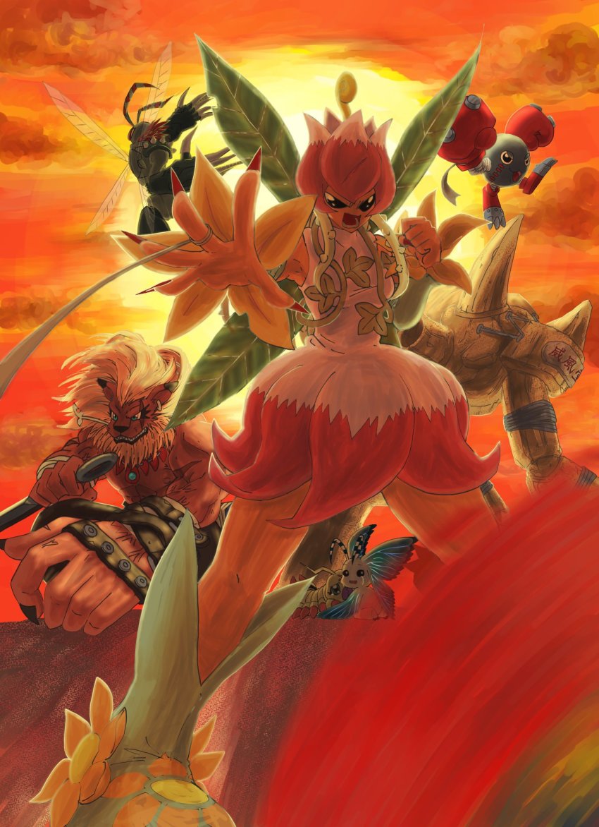 digimon golemon highres leomon lilimon lion mamemon monster_girl morphomon petals plant plant_girl stingmon sun wormmon yo-yo