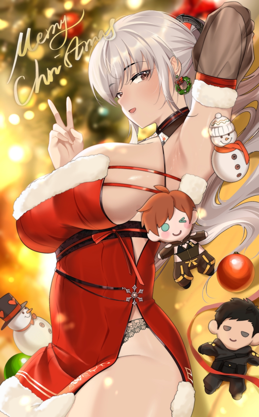 1girl absurdres adam_(stellar_blade) alternate_hair_color arm_up armpits black_panties blush breasts brown_eyes character_doll christmas_tree detached_collar detached_sleeves dress earrings eve_(stellar_blade) fur_trim high_ponytail highres jewelry lace lace-trimmed_panties lace_trim large_breasts lily_(stellar_blade) long_hair looking_at_viewer merry_christmas open_mouth oxygen_mask_(oxygenmask233) panties ponytail red_dress revealing_clothes shiny_skin short_dress smile snowman solo stellar_blade underwear v white_hair