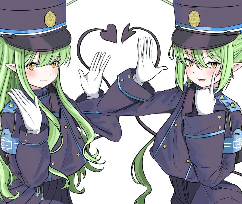 2girls bad_tag blue_archive blush demon_tail fang gloves green_hair green_halo halo hands_up hat heart highres hikari_(blue_archive) long_hair long_sleeves looking_at_viewer multiple_girls nozomi_(blue_archive) open_mouth pantyhose peaked_cap pointy_ears siblings sisters smile smirk tail twintails user_rms7714 white_background white_gloves white_pantyhose yellow_eyes