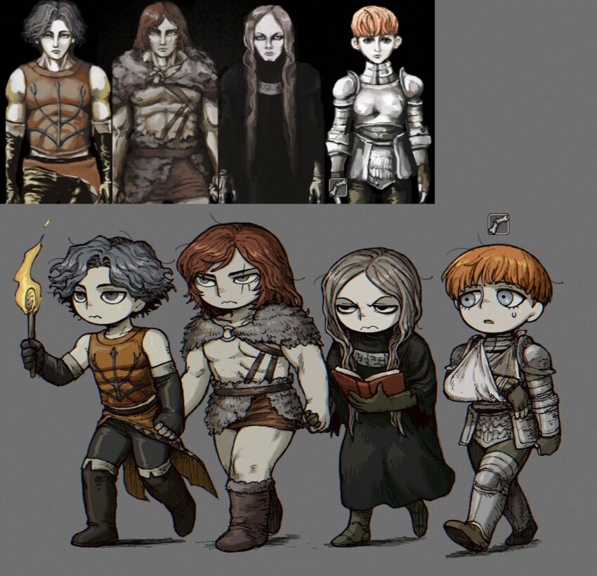1girl 3boys arm_sling armor barbarian bare_shoulders black_gloves black_hair black_pants black_robe boobplate book boots breastplate brown_boots brown_hair cahara_(fear_&amp;_hunger) capelet closed_mouth commentary_request d&#039;arce_(fear_&amp;_hunger) elbow_gloves enki_(fear_&amp;_hunger) fear_&amp;_hunger_(series) fear_&amp;_hunger_1 fold-over_boots fur-trimmed_boots fur_capelet fur_trim game_screenshot_inset gameplay_mechanics gloves greaves green_gloves green_pants grey_background grey_eyes holding holding_book holding_hands holding_torch knight leather_armor long_hair multiple_boys o-ring open_book orange_hair pants parted_lips pauldrons ragnvaldr_(fear_&amp;_hunger) red_hair robe short_hair shoulder_armor simple_background sm2_hokke sweat torch walking