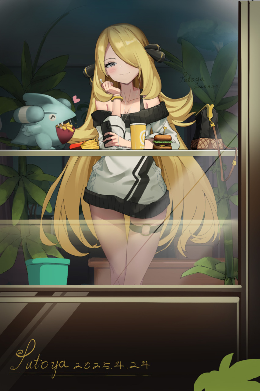 1girl alternate_costume bag blonde_hair bracelet breasts burger cleavage closed_mouth collarbone commentary_request cup cynthia_(pokemon) dated disposable_cup dress earphones eyelashes food french_fries gen_4_pokemon gible grey_eyes hair_over_one_eye hand_up handbag heart highres holding holding_earphones holding_phone jewelry light_blush long_hair looking_at_viewer nintendo off-shoulder_dress off_shoulder phone pokemon pokemon_(creature) pokemon_dppt putoya signature smile split_mouth thigh_strap