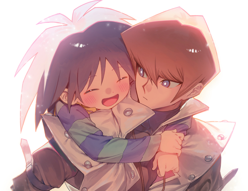 2boys black_hair black_shirt blue_eyes blush brothers brown_hair carrying closed_eyes coat highres kaiba_mokuba kaiba_seto looking_at_another male_focus medium_hair moemoenomori multiple_boys piggyback shirt short_hair siblings simple_background upper_body white_background white_coat yu-gi-oh! yu-gi-oh!_duel_monsters