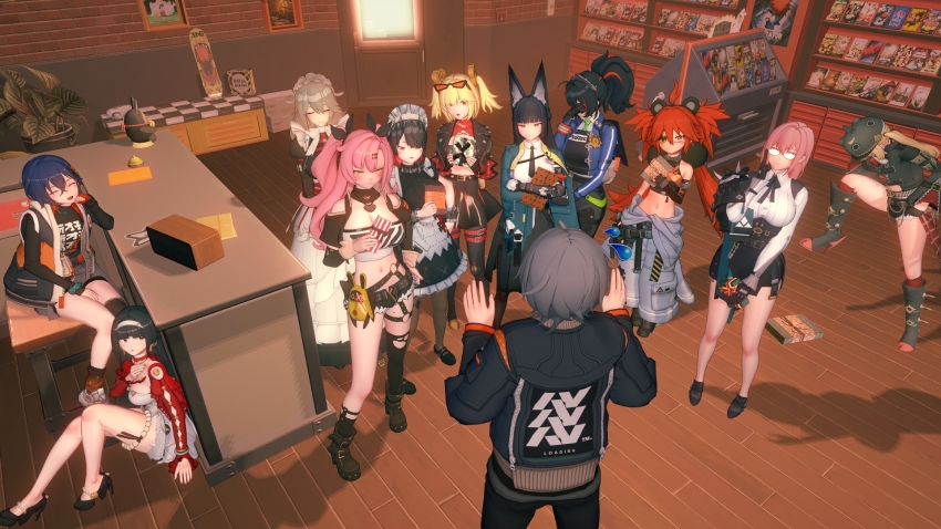 1boy 3d 3d_background 6+girls alexandrina_sebastiane angry astra_yao belle_(zenless_zone_zero) blush box brother_and_sister burnice_white chocolate ellen_joe eyepatch gift gift_box harem hiding highres holding holding_gift hoshimi_miyabi koleda_belobog luciana_de_montefio midori_mint multiple_girls nicole_demara parody persona persona_5 scene_reference siblings style_parody tsukishiro_yanagi valentine wise_(zenless_zone_zero) zenless_zone_zero zhu_yuan