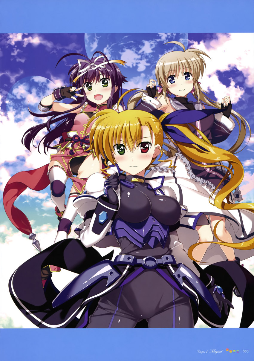 3girls :d absurdres aged_up armor bare_legs bare_shoulders belt black_bodysuit black_footwear black_gloves black_leotard black_shirt black_sleeve_ends blonde_hair blue_eyes blue_hair blue_ribbon blue_sky blush bodysuit breasts candy_hair_ornament china_dress chinese_clothes cloud cloudy_sky corona_timir cropped_jacket day dress elbow_pads english_text fang fingerless_gloves food-themed_hair_ornament framed_image frilled_dress frilled_shirt frilled_skirt frills fujima_takuya gloves gluteal_fold gradient_ribbon green_eyes grey_frills hair_between_eyes hair_ornament hair_ribbon heterochromia highres impossible_bodysuit impossible_clothes jacket juliet_sleeves large_breasts leg_up leotard letterboxed light_blue_hair light_brown_hair long_hair long_skirt long_sleeves looking_at_viewer low_twintails lyrical_nanoha magical_girl multiple_girls official_art open_mouth orange_ribbon outdoors page_number pigeon-toed pink_dress planet print_dress puffy_sleeves purple_hair purple_shirt red_eyes red_sash ribbon rio_wezley sash scan shirt side_ponytail skirt sky small_breasts smile thighhighs twintails v vivid_strike! vivio white_frills white_jacket white_legwear white_ribbon white_skirt