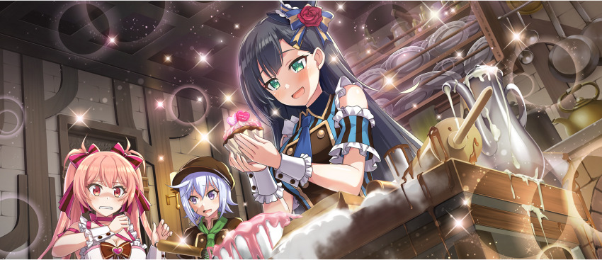 3girls :d apron black_hair blue_bow blue_dress blue_necktie blush bow breasts brown_dress brown_hat buttons cabbie_hat chris_(konosuba) cleavage collared_dress cupcake diagonal_bangs double-breasted dress erika_(konosuba) facial_scar flower food frilled_apron frilled_dress frills from_below game_cg green_eyes green_necktie grey_hair hair_between_eyes hair_bow happy hat hat_bow hat_flower highres holding holding_food indoors kitchen kono_subarashii_sekai_ni_shukufuku_wo! konosuba!_fantastic_days large_breasts lia_(konosuba) long_hair looking_at_food looking_down medium_breasts messy_room mini_hat mini_top_hat multiple_girls necktie off-shoulder_dress off_shoulder official_alternate_costume official_art open_mouth parted_bangs pink_bow pink_eyes pink_hair purple_eyes red_flower scar scar_on_cheek scar_on_face shade short_hair side_ahoge small_breasts smile sparkle striped_clothes striped_dress top_hat twintails two-tone_dress valentine vertical-striped_clothes vertical-striped_dress white_apron white_wrist_cuffs wrist_cuffs