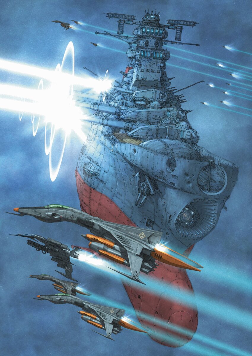 aircraft airplane anchor battle cloud cloudy_sky contrail cosmo_falcon energy_beam energy_cannon energy_weapon fighter_jet firing flying highres kobayashi_makoto_(illustrator) laser machinery military military_vehicle no_humans outdoors science_fiction ship ship_turret sky spacecraft starfighter translation_request uchuu_senkan_yamato warship watercraft