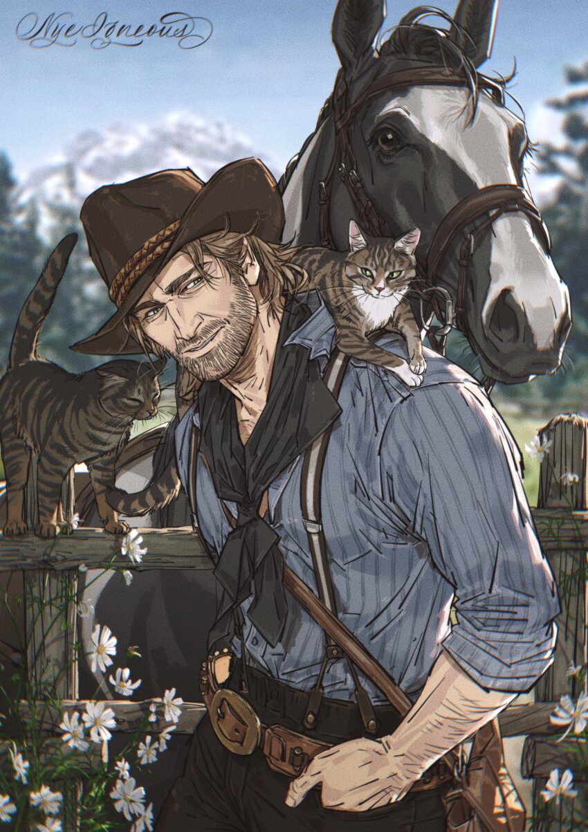 1boy absurdres animal animal_on_shoulder arm_hair arthur_morgan beard belt black_neckerchief black_pants blue_shirt blurry blurry_background brown_belt brown_hair cat cat_on_shoulder connected_beard cowboy_hat facial_hair fence hat highres horse male_focus neckerchief nyeigneous outdoors pants parted_lips red_dead_redemption_(series) red_dead_redemption_2 shirt tabby_cat