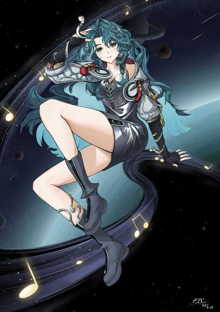 1girl absurdres arm_support artist_name beamed_eighth_notes black_background blue_hair boots breasts cleavage closed_mouth dated dress eighth_note fang fang_out fjs... full_body grey_boots hand_up highres hissabeth jacket long_hair long_sleeves looking_at_viewer medium_breasts musical_note plant red_pupils reverse:1999 short_dress silver_dress sitting slit_pupils smile snake snake_on_head snake_wrapped_around_arm solo space very_long_hair white_jacket