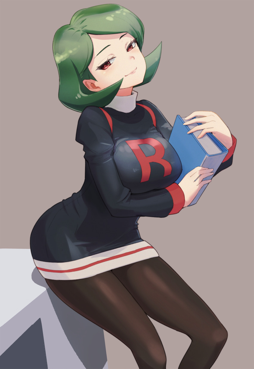 1girl absurdres banka_(pixiv21424331) black_dress blush breasts brown_pantyhose closed_mouth commentary_request commission dress eyelashes green_hair highres holding long_sleeves looking_down nintendo pantyhose pink_lips pixiv_commission pokemon pokemon_(anime) pokemon_(classic_anime) pokemon_ep231 red_eyes shiny_clothes short_dress short_hair sitting smile solo table team_rocket turtleneck wendy_(pokemon)