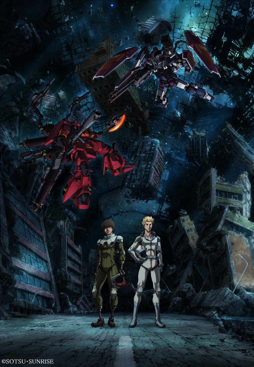 10s 2boys black_hair blonde_hair daryl_lorenz full_armor_gundam gundam gundam_thunderbolt unworn_headwear helmet unworn_helmet highres io_fleming mecha multiple_boys official_art pilot_suit prosthesis prosthetic_arm prosthetic_leg robot ruins sky space spiked_hair star_(sky) starry_sky weapon zaku_ii_(reuse_p_device)