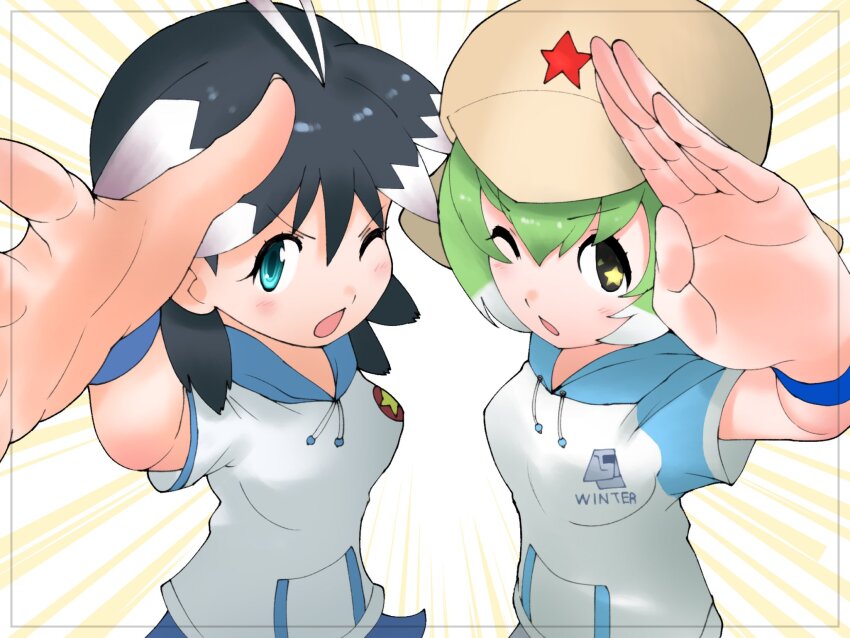 2girls arcade_gamer_fubuki black_hair blue_eyes cats_yone green_eyes green_hair hat highres hood hoodie kemono_friends kemono_friends_3 keroro_(kemono_friends) keroro_gunsou looking_at_viewer multicolored_hair multiple_girls one_eye_closed open_mouth sakuragasaki_fubuki short_hair simple_background skirt star_(symbol) two-tone_hair white_hair