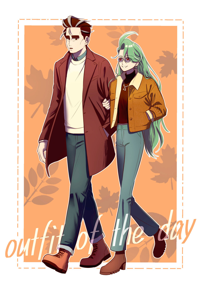 1boy 1girl absurdres androgynous black_eyes black_hair blue_pants boots brown_boots brown_jacket coat commentary_request denim earrings english_text green_hair grey_hair hair_down hand_in_pocket highres jacket jeans jewelry larry_(pokemon) leaf leaf_background locked_arms long_hair multicolored_hair necklace nintendo orange_background pants pokemon pokemon_sv red_coat red_eyes reverse_trap rika_(pokemon) smile streaked_hair suma3695 sunglasses sweater thick_eyebrows turtleneck turtleneck_sweater two-tone_hair very_long_hair yellow_sweater