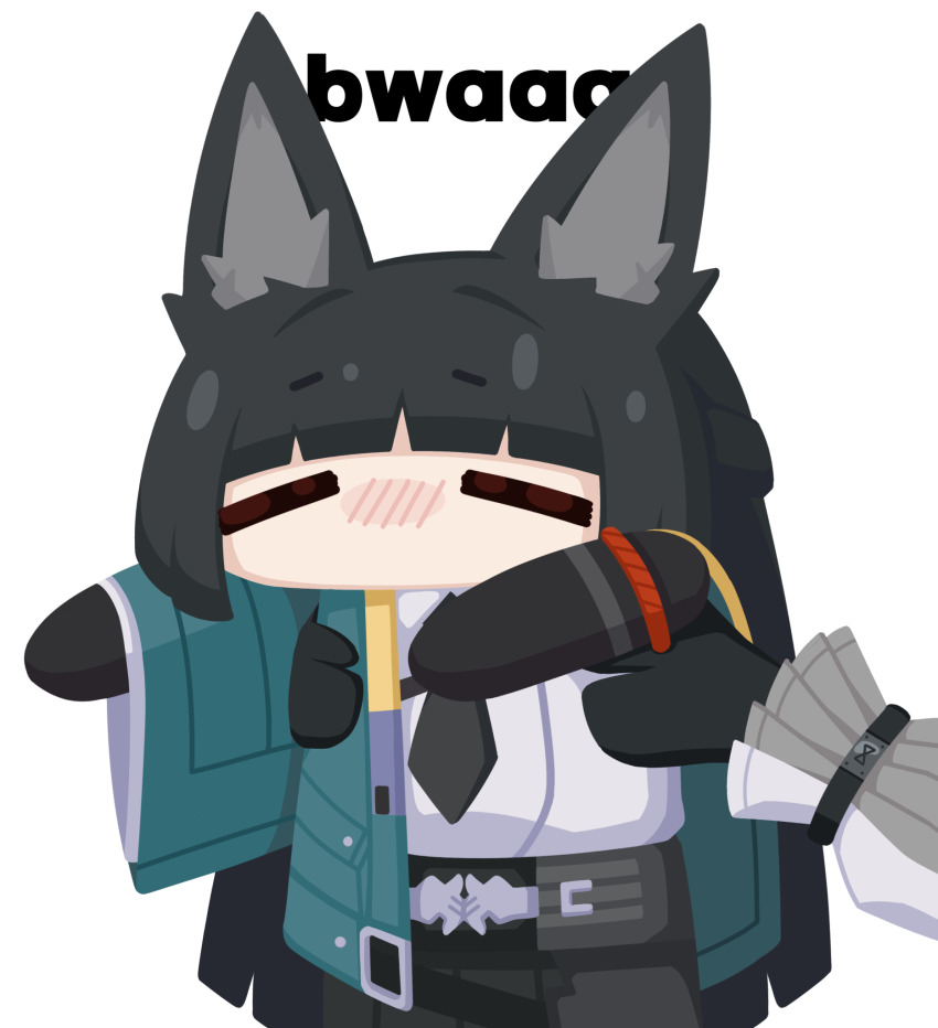 2girls =_= animal_ears armpit_carry black_hair black_necktie black_skirt blush closed_eyes commentary english_text fox_ears fox_girl green_jacket gribberoni highres hoshimi_miyabi jacket long_hair multiple_girls necktie open_clothes open_jacket shirt simple_background skirt tsukishiro_yanagi white_background white_shirt zenless_zone_zero