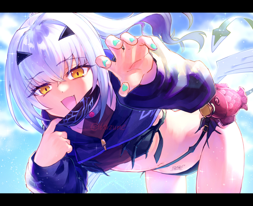 1girl bikini black_bikini black_jacket blue_sky breasts cropped_jacket dragon_wings fate/grand_order fate_(series) fish_bottle forked_eyebrows high_ponytail jacket jewelry long_hair long_sleeves looking_at_viewer mask melusine_(fate) melusine_(swimsuit_ruler)_(fate) melusine_(swimsuit_ruler)_(first_ascension)_(fate) mouth_mask navel open_mouth ponytail shrug_(clothing) sidelocks sky small_breasts smile somemiya_suzume stomach_tattoo swimsuit tail tattoo thighlet thighs white_hair wings yellow_eyes