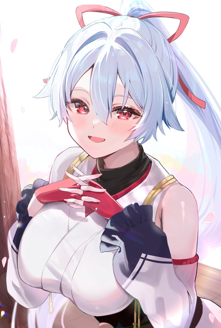 1girl absurdres blush breasts detached_sleeves fate/grand_order fate_(series) felnemo fingerless_gloves gloves hair_between_eyes highres japanese_clothes kimono large_breasts long_hair looking_at_viewer obi open_mouth ponytail red_eyes red_gloves sash short_kimono smile solo tomoe_gozen_(fate) white_hair white_kimono
