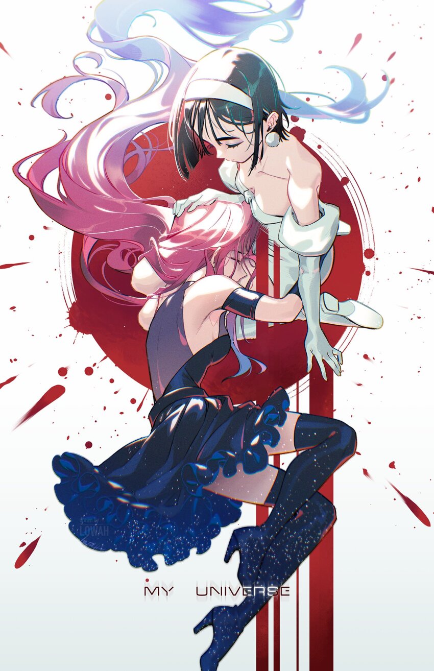 2girls alien_stage black_boots black_dress black_gloves black_hair black_sleeves blood blue_hair bob_cut boots closed_eyes commentary detached_sleeves dress earrings elbow_gloves english_commentary english_text from_above gloves hairband hand_on_another&#039;s_head high_heel_boots high_heels highres hug jewelry juliet_sleeves lap_pillow long_hair long_sleeves lowah lying mizi_(alien_stage) multiple_girls on_side pink_hair puffy_sleeves shoes short_hair short_sleeves sleeveless sleeveless_dress strapless strapless_dress sua_(alien_stage) thigh_boots very_long_hair white_dress white_gloves white_hairband white_shoes