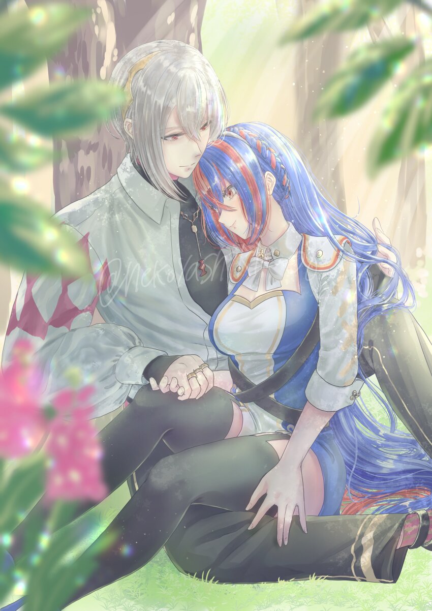 1boy 1girl absurdres blue_hair couple crossed_bangs female_alear_(fire_emblem) fire_emblem fire_emblem_engage hetero heterochromia highres holding_hands multicolored_hair nekoyashiki_08 nintendo rafal_(fire_emblem) red_eyes red_hair split-color_hair tiara two-tone_hair