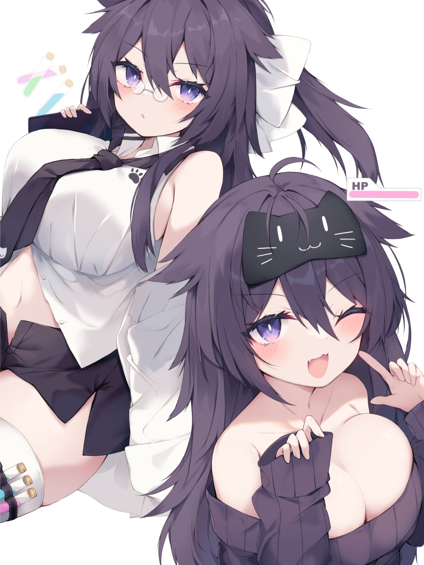1girl ;d animal_ears bare_shoulders black_hair black_necktie black_shorts black_sweater bow breasts collared_shirt commission dress_shirt fang fox_ears glasses hair_between_eyes hair_bow health_bar highres jacket large_breasts long_hair mask mask_on_head mini_eyewear multiple_views navel necktie nibiiro_shizuka off-shoulder_sweater off_shoulder one_eye_closed open_clothes open_fly open_jacket open_mouth open_shorts original parted_lips pince-nez purple_eyes ribbed_sweater shirt shorts simple_background skeb_commission smile sweater thighhighs very_long_hair vial white_background white_bow white_jacket white_shirt white_thighhighs