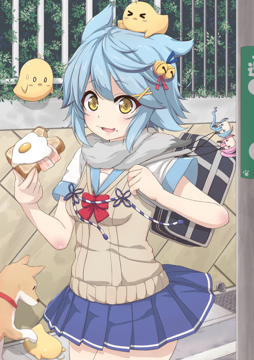 1girl absurdres alternate_costume animal_ears azur_lane bacon bag bell blue_hair bread bread_slice cowboy_shot day dog egg egg_(food) female_focus food fox_ears fried_egg fried_egg_on_toast fubuki_(5_minutes_till_i&#039;m_late)_(azur_lane) fubuki_(azur_lane) hair_bell hair_ornament hairclip highres ikazuchi_(azur_lane) inazuma_(azur_lane) looking_at_viewer manjuu_(azur_lane) open_mouth outdoors running school_bag school_uniform short_hair solo toast yellow_eyes