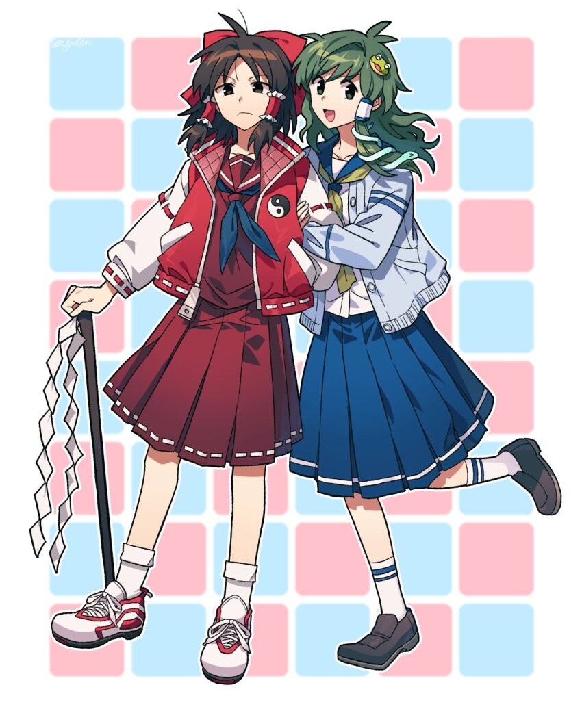 2girls :d adapted_costume alternate_costume arm_hug black_shoes blue_jacket blue_neckerchief blue_sailor_collar blue_skirt bow breasts brown_eyes brown_hair commentary_request frog_hair_ornament full_body gohei green_eyes green_hair hair_bow hair_ornament hakurei_reimu highres holding holding_gohei jacket kochiya_sanae loafers long_hair looking_at_viewer medium_breasts multiple_girls neckerchief open_mouth pleated_skirt re_ghotion red_bow red_jacket red_sailor_collar red_shirt red_skirt sailor_collar shirt shoes skirt smile snake_hair_ornament sneakers socks standing standing_on_one_leg touhou white_shirt white_shoes white_sleeves white_socks yellow_neckerchief yin_yang yin_yang_print
