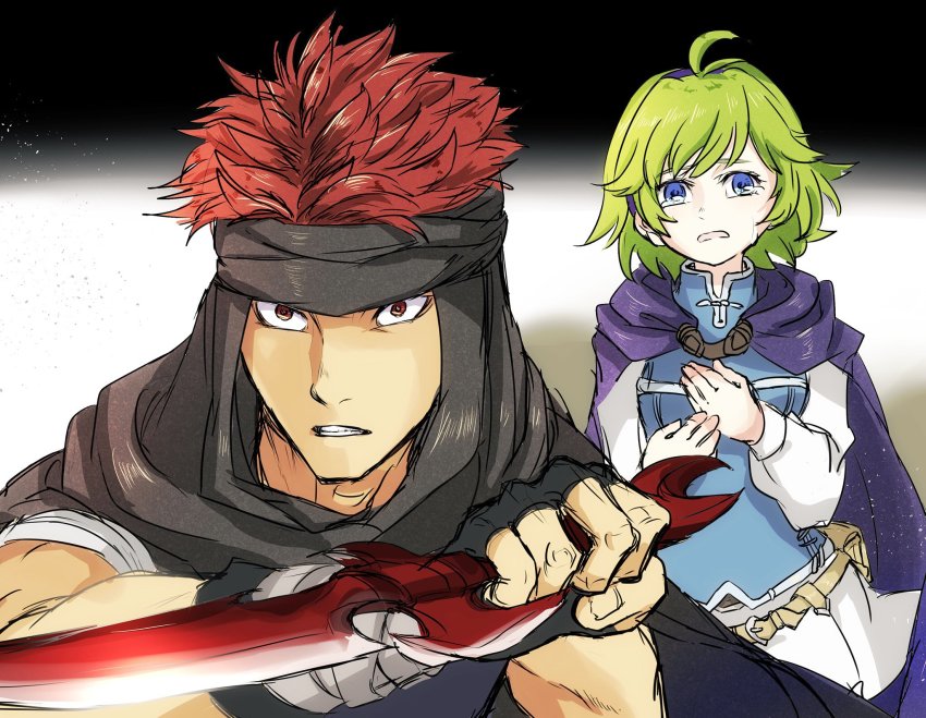 1boy 1girl angry blue_eyes cape fire_emblem fire_emblem:_the_blazing_blade gloves green_hair hairband highres hoshigaki_(hsa16g) jaffar_(fire_emblem) looking_at_viewer nino_(fire_emblem) nintendo red_eyes red_hair short_hair tears weapon