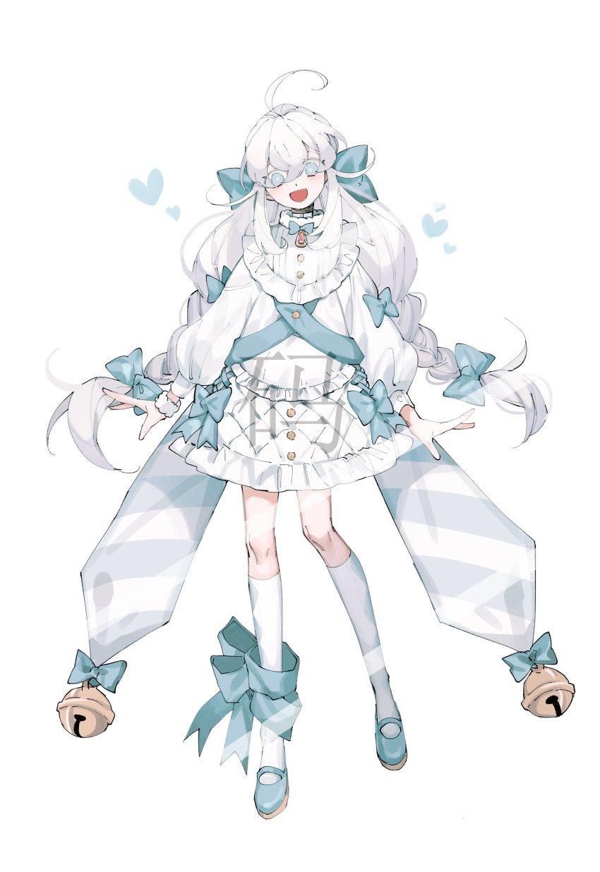 1girl absurdres ahoge argyle_clothes argyle_skirt asphyxia17 bell blue_bow blue_bowtie blue_eyes blue_sash blue_shoes bow bow_legwear bow_skirt bowtie braid buttons collar collared_shirt colored_eyelashes commentary_request frilled_skirt frills full_body gem hair_bow head_tilt heart highres jingle_bell long_hair long_sleeves looking_at_viewer low_twin_braids mary_janes miniskirt multiple_hair_bows open_mouth original puffy_long_sleeves puffy_sleeves red_gemstone sash shirt shoes skirt sleeve_bow smile solo thighhighs twin_braids watermark white_background white_collar white_hair white_shirt white_skirt white_thighhighs